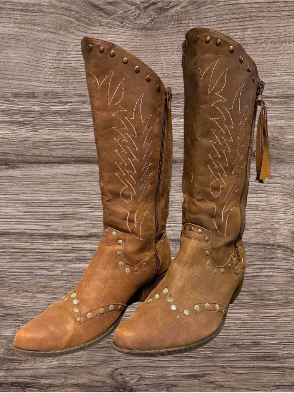 Coconuts by Matisse Tan Faux Leather Studded Cowboy Boots